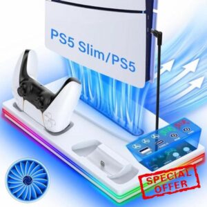 3 in 1 PS5 Stand with PS5 Controller Charging Station and 3 Level Fan