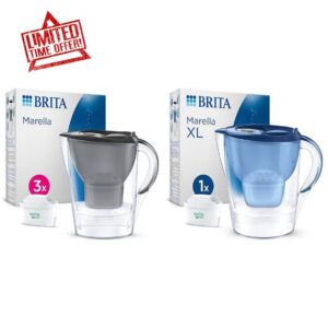 BRITA Marella Water Filter Jug Starter Pack - Graphite (2.4L) incl. 3x MAXTRA PRO All-in-1 cartridge & Marella XL Water Filter Jug Blue (3.5L) incl. 1x MAXTRA PRO All-in-1 cartridge