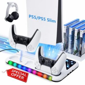 LYtech PS5 Slim Stand and Cooling Station with Controller Charging Station for Playstation 5