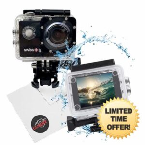 Clikoze Action Camera 1080FHD 30FPS Bundle with Swiss+Go Alpha Action Camera + Camera Cleaning Cloth | 20MP 120 degree A+ lens - 30M Underwater Camera for Sports or Vlog Camera with Accessories