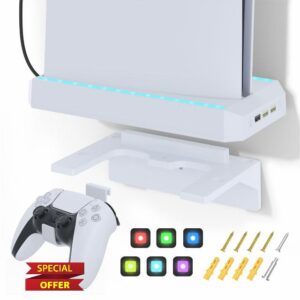 Aukuoy Wall Mount Kit for PS5 Slim Accessories: RGB Wall Mount Bracket with 2 Removable Controller Holder