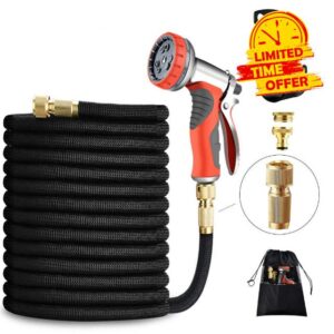 LUFENG UPGRADED Expandable Hose 150FT 45M Garden Hose with Double Latex Core Hose Pipe Solid Brass Fittings 9 Function Metal Spray Gun Nozzle Wall Hanger for Gardening Car Washing Pet Bathing (150FT