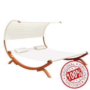 Outsunny Hammock Chaise Day Bed with Canopy Wooden Double Sun Lounger - Cream