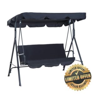 Outsunny 3 Seater Canopy Swing Chair Garden Rocking Bench Heavy Duty Patio Metal Seat w/Top Roof - Black