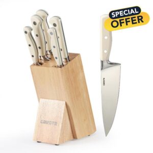 CAROTE 6 Pieces Knife Set with Wooden Block High Carbon Stainless Steel Knives Dishwasher Safe with Sharp Blade Ergonomic Handle Forged Triple Rivet-Pearl White