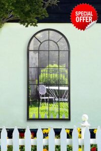 MirrorOutlet Large New Black Multi Panelled Arched Window Garden Outdoor Mirror 4ft7 x 2ft2