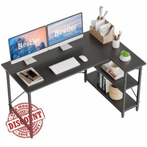Bestier L Shaped Desk Computer Desk with Shelves Small Corner Desk 140CM Reversible Computer Desk Writing Table with Bookshelf for Home Office Small Space