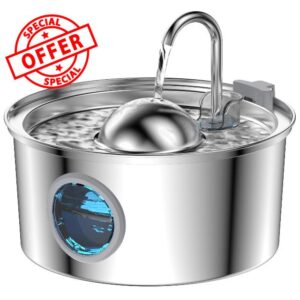 Cat Water Fountain for Drinking - 3.2L Stainless Steel Cat Fountain - Cat Water Fountain with Water Level Window - Hemispherical Shape - Multi-Filter - Silent Pump - Water Tap