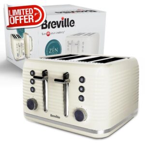 Breville Zen 4-Slice Cream Toaster with High Lift & Wide Slots | Cream & Silver Chrome [VTR028]