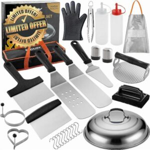 grilljoy 28-Piece Griddle Spatulas Kit with Cleaning Kit for Teppanyaki Camping Cooking - Complete Griddle Tools Set in Carrying Storage Bag - Basting Cover