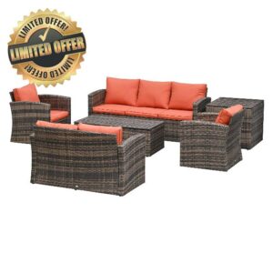 Outsunny 6 Pieces Rattan Garden Furniture Set Wicker Outdoor Sofa Sectional Patio Conversation Furniture Set w/Storage Table and Cushions