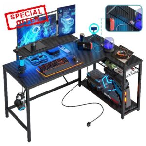 Bestier L Shaped Desk with Power Outlets & LED Lights Reversible 132CM Corner Desk with Shelves Larger PC Workstation with Hooks for Home Office Studying Desk for Bedroom