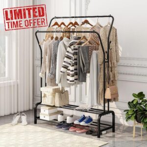 JURMERRY Metal Clothes Rail Double Pole Coat Rack Freestanding Garment Rack Hanger With 2-Tier Lower Storage Shelf for Bedroom Home Office Indoor