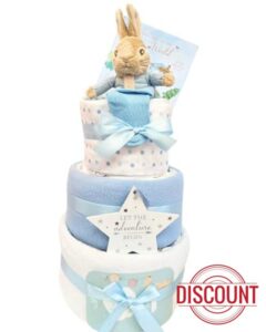 Peter Rabbit Baby Boy Gift Welcome to The World 3 Tier Nappy Cake for New Parents & Baby Boy Blue Newborn Baby boy Gift hampers