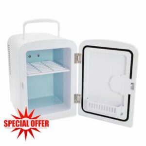 Global Gizmos 33269 White Mini Fridge/Table Top Fridge for Bedrooms/Portable Design with Carry Handle / 4 Litre Capacity/Ideal for Snacks