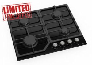 Ferre SA025-60cm Built-in Gas Hob - 4 Burners - Black Glass - Cast Iron Pan Supports
