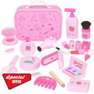 GAGAKU Wooden Makeup Set Kids Pretend Makeup Sets Wooden Toy Kit Montessori Fake Makeup Play Dress Up Kit with Hair Dryer Mirror for Toddler Children Little Girls Perfume Gifts Ages 3 +
