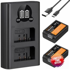 K&F Concept 1600mAh EN-EL25 Battery and Dual USB C Micro B Battery Charger for Nikon Z Series Z30 Z50 ZFC Cameras