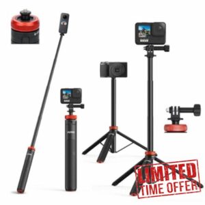 VIDIFY UURIG TP-03 52" Extendable Camera Tripod for Insta360 X4 X3 Selfie Stick Tripod with 1/4" Screw Mini And Two Prong Adapter Portable Camera Stand Tripod for AKASO