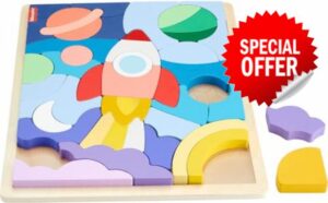 Fisher-Price Preschool Toy Wooden Space Jigsaw Puzzle with Stacking Blocks