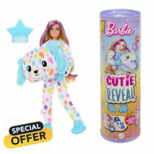 Barbie Cutie Reveal Doll & Accessories with Rainbow Dalmatian Plush Costume & 10 Surprises Including Color Change
