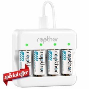 Rapthor 900mAh Rechargeable 123A / 123 Lithium Batteries Compatible with Arlo Cameras VMC3030 VMK3200 VMS3130 3230C Flashlights Alarm System Smoke Detector Smart Sensor (4 Batteries+1 Fast Charger)