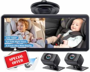Yakry Dual Baby Car Camera: 6.9 Inch Ultrawide Display for Two Kids - AHD 1080P Rear Facing Car Seat Camera USB Easy to Install - Eye Care No Light IR Night Vision 360°Rotating Camera 150° Wide View