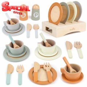 Wooden Tea Set for Toddlers Toy Kitchen Accessories 27 PCS Kids Pots and Pans Playset Wooden Play Food for Toddlers Girls Boys Age 2 3 4