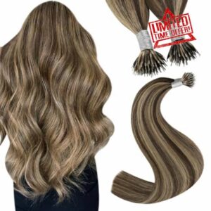 Youngsee Nano Beads Hair Extensions Brown Real Hair Extensions Nano Dark Brown Highlights Caramel Blonde Nano Ring Extensions Brown Nano Tip Extensions Human Hair Brown Cold Fusion 20 inch 1g/s 50g