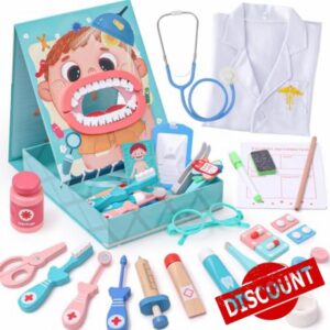 Atoylink Doctors Set for Kids with Wooden Dentist Toys Doctor Dress Up Costume Medical Doctor Playsets Body Cognition Wooden Educational Toy Pretend Play Gifts for Kids Girls Boys 3 4 5 6 Years (Blue)