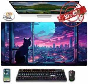 Cool Purple Kawaii Anime Moom Cat Desk Mat XXL Large Gaming Mouse Pad