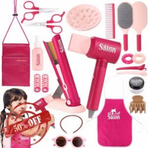 GAGAKU Kids Hairdressing Set Realistic Girl Beauty Salon Playset Hair Styling Set with Blow Dryer Scissors and Stylist Accessories Pretend Play Toys For Girls Age 3-8