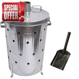 Trendi 90 Litre Extra Large 90L Galvanised Metal Incinerator + Shovel Recycle Garden Rubbish Fire Wood Burner Burning Leaves Hot Ash Bucket Coal & Box Lid (90L Incinerator & Shovel)