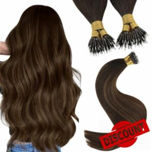 YoungSee Nano Hair Extensions Real Human Hair Brown Nano Ring Hair Extension Brown with Dark Brown Balayage Nano Beads Hair Extensions Human Hair Balayage 16inch Nano Tip Hair Extensions Ombre 50s 50g