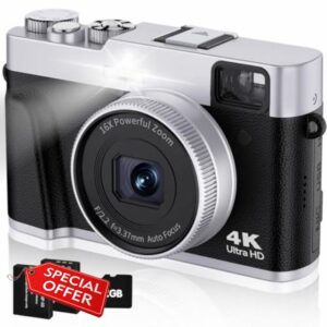 Digital Camera 4K 48MP Autofocus with 32G Card Optical Viewfinder 16x Zoom Vlogging Camera for Photography Flash Anti-shake Rechargeable Compact Camera for Beginner Teenager (Black)