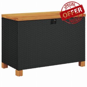 idaXL Black Poly Rattan Garden Storage Box with Acacia Wood Top - 80x40x48 cm All-Weather Outdoor Bench for Patio/Garden/Poolside