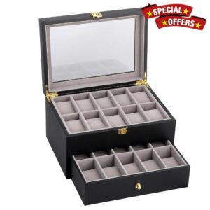 Uten 20 Wooden Watch Storage Box 2 Layers Organizer Collection Jewelry with Glass Lid Mens