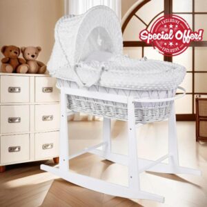 BABYMAM Moses Basket Wicker White Rocking Stand Baby Padded Dimple White Bedding Full Set with Mattress