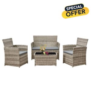 Aweather Rattan Garden Furniture Set Patio Conservatory Balcony Indoor Outdoor 4 Seater Piece Glass Top Coffee Table Modular Sofa Loveseat with Cushions