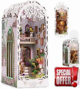 Book Nook Kit Decorative Bookend Stand Creative Bookshelf Miniature Booknook Kit 3D Wooden Puzzle for Adults Room Dollhouse Decoration (Garden House)