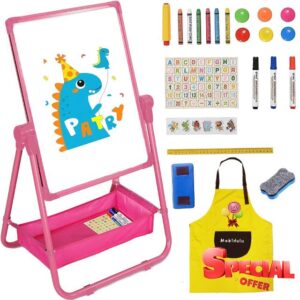 Mekidulu Kids Whiteboard 63cm-107cm Adjustable 360° Rotating-Double Sided Iron Kids Easel-with Apron