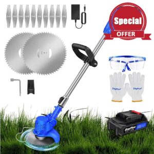 Qimu Cordless Strimmer 21V Garden Strimmer with 1500mAh Battery&12pcs Blade Electric Telescopic Brush Cutter Lightweight Battery Strimmer Adjustable Height Metal Blade Strimmer for Gardens Lawns