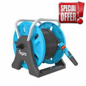 Flopro-EVERYDAY garden hose reel 20m: 2-in-1 ideal as free standing or wall mounted hose reel. Robust frame for stability. Complete with SUPERGRIP hose pipe connector set & nozzle- Fits all brands