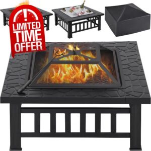 Yaheetech Outdoor Fire Pit 81cm Square Fire pits 2-in-1 Heat-resistant Metal Garden Stove for Barbecue