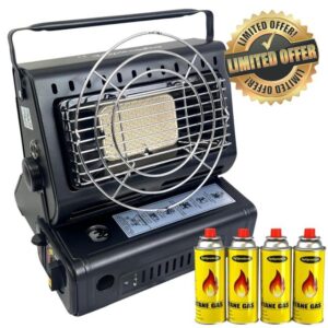 1.3kw Portable Gas Heater + 4 Canaister Outdoor Camping Fishing Caravan Outdoor Party (Heater + 4 Gas Can)
