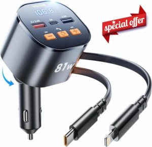 81W Bluetooth Car Adapter with Retractable Multi Charger Cable - Car Charger FM Transmitter