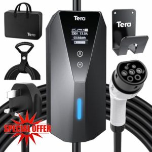 Tera EV Charger Portable Type 2: EV Wallbox for Outdoor Charging 7meter Charging Label 13A 3kW UK 3PIN Plug Adjustable Strom IP66 LCD Screen with Cable Holder Storage Bag P02 Black