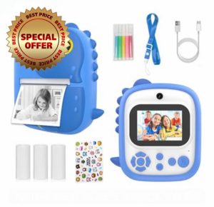Dinosaur Kids Instant Print Camera Silicone Protective Cover 1080P Digital Selfie Camera 2.4-inch IPS Screen Instant Print Kids Camera with Photo Paper Rolls 16GB Micro SD Card (Blue)