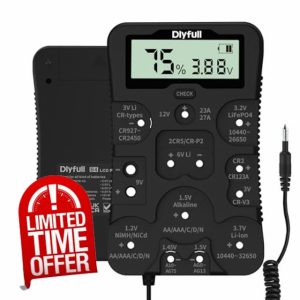 Dlyfull Universal Battery Tester with LCD Display Battery Checker Voltage/Power for AA AAA C D 9V 1.2V Alk & Rechargeable CR2032 CR123A CR2 CRV3 6V 12V 3.2V 3.7V 18650 1.5V/3V Button Cell Batteries