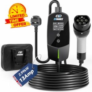 EVDANCE EV Charger Cable Type 2 to 3 Pin Plug 20ft/6.1m [6/8/10/13A] Current Adjustable Portable Electric Car Charger with 0-12h Time Delay